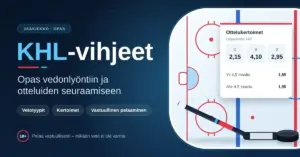 Tummansininen grafiikka, jossa on teksti "KHL-vihjeet – opas vedonlyöntiin ja otteluiden seuraamiseen" sekä jääkiekkokaukalo, maila, kiekko ja esimerkkikertoimia näyttävä kortti.