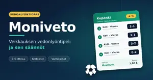 Tummansininen kuvitus, jossa on teksti "Moniveto – Veikkauksen vedonlyöntipeli ja sen säännöt" sekä vedonlyöntikuponki, jolle on veikattu neljän ottelun lopputulokset muuttuvalla kertoimella, ja futsalpallo.