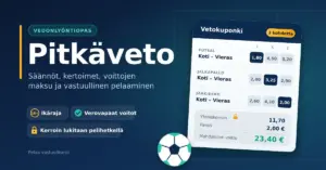 Pitkävedon vetokuponki, jossa kolme kiinteäkertoimista kohdetta futsalista, jalkapallosta ja jääkiekosta sekä yhteiskerroin ja mahdollinen voitto, tummansinisellä taustalla futsalpallon vieressä.
